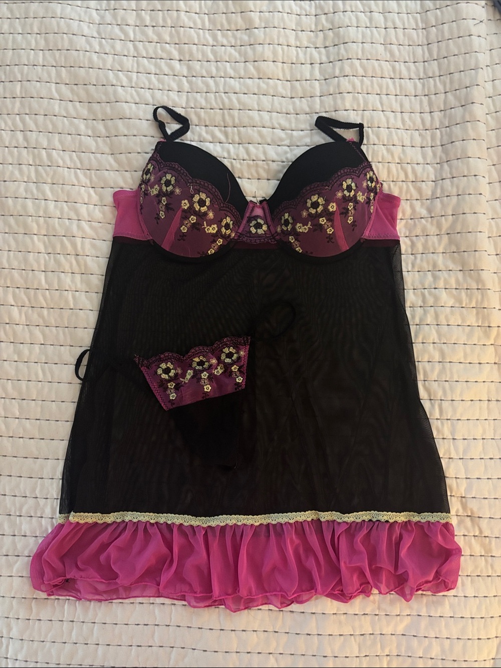 Pink and Black Floral Lace Babydoll Chemise